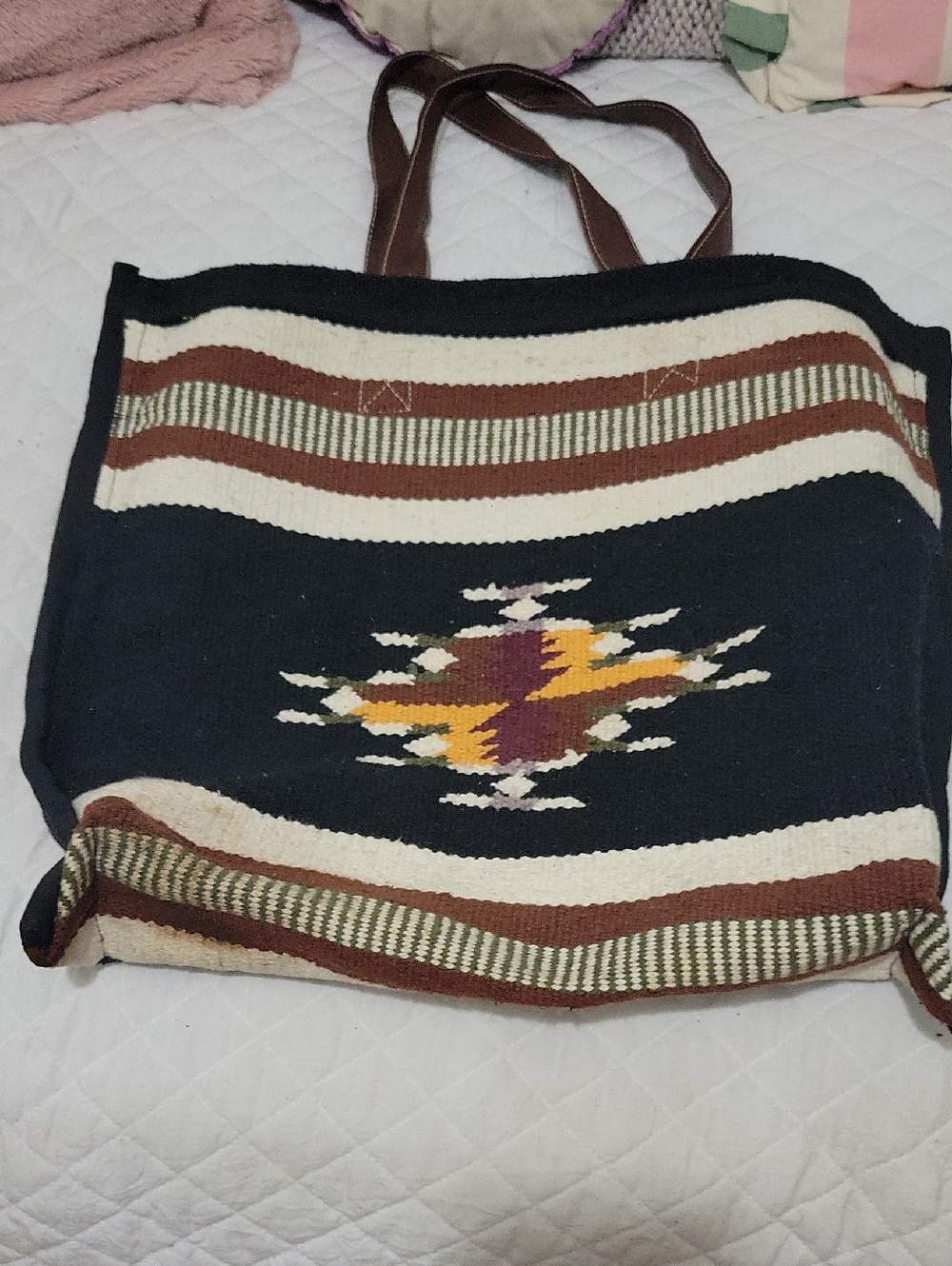 Southwestern Woven Tote Bag in Black, Brown & Cream - Picture 5 of 9